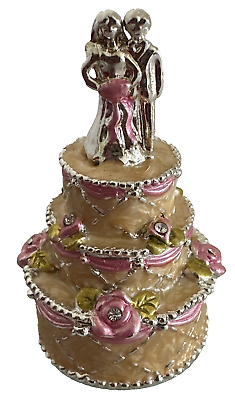 #ad Vintage Secret Jewels Enameled Rhinestone Wedding Cake Trinket Box Keepsake Box $89.99