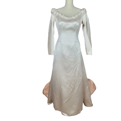 #ad Vintage Custom Handmade Ivory Satin Wedding Dress w Train amp; Matching Headband $550.00