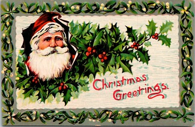 #ad Christmas Santa Claus Berry Border Holly Embossed Germany c1910 postcard AQ1 $8.79