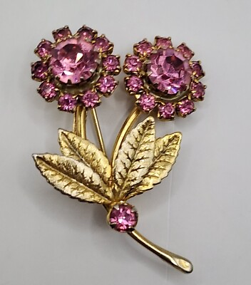 #ad Vintage Pink Rhinestone Flower Brooch Gold Tone $21.99