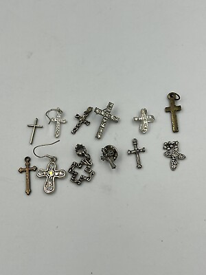 #ad Lot Of 12 Catholic Crosses Crucifix Necklace Pendant Mixed Metal Silver $12.95