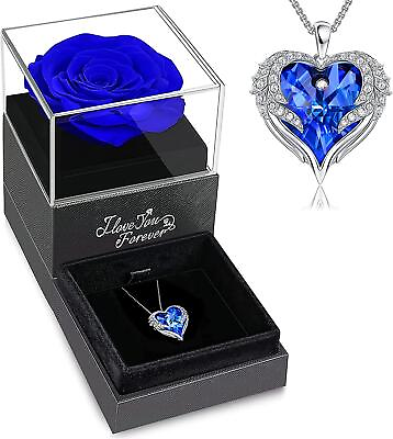 Mother#x27;S Day Gift Preserved Blue Real Rose Angel Wings Necklace Flower Gift Mom $54.55