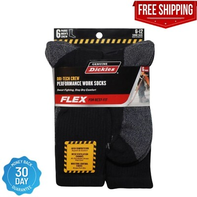 #ad 6 Pack Genuine Dickies Mens Dritech Crew Socks Moisture Control Black Size 6 12 $11.77