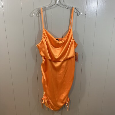#ad Wild Fable Orange Satin Party Spaghetti Strap Ruched Knee Length Dress XS NEW $9.09