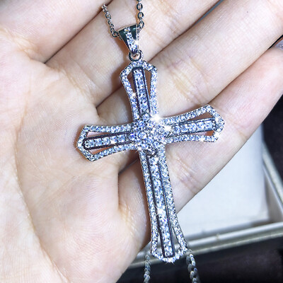#ad Necklace Women Sterling Silver S925 Large Cross Cubic Zirconia Solid Jewellery $16.49