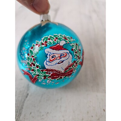 #ad Vintage radko shiny Santa wreath blue glitter ball vintage ornament Xmas tree $19.58