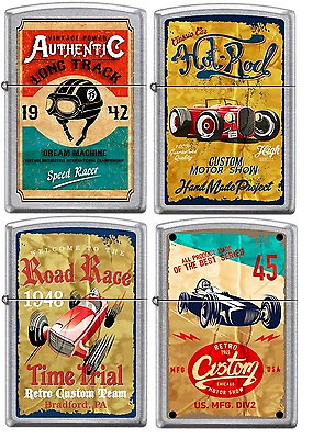 #ad Zippo Old School 1940#x27;s Race Club 4 Lighter Set Vintage Poster Street Chrome NEW $81.82