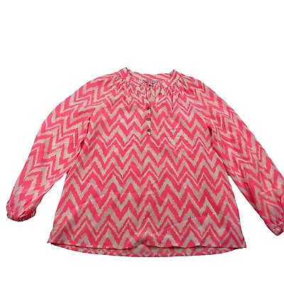 #ad Lilly Pulitzer SILK Elsa Pink Chevron Blouse Henley Smocked Neck Size XS L S $29.89