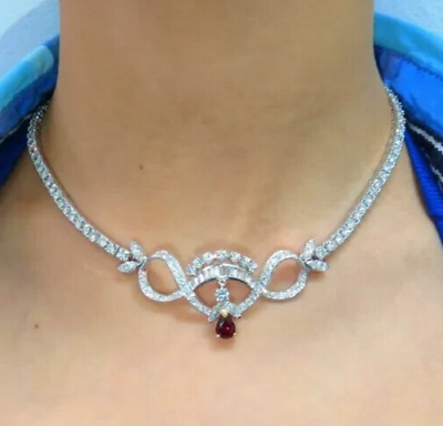 #ad 28 Ct Pear Simulated Red Ruby Wedding Gift Pretty Necklace 14K White Gold Finish $308.00