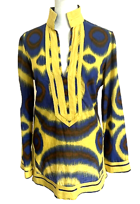 #ad Tory Burch Tunic Top Size 2 Yellow Blue Brown Long Sleeve Ribbon Trim Colorful $44.99
