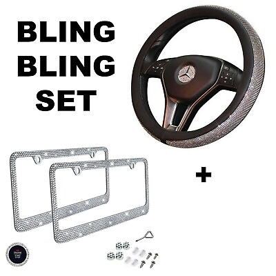 Car Bling Set Steering Wheel Cover License Plate Frame Ring Sticker $24.95
