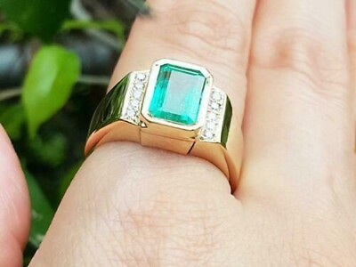 #ad 2Ct Green Emerald amp; Lab Created Diamond Men#x27;s Engagement Gold Filled Gift Ring $98.60