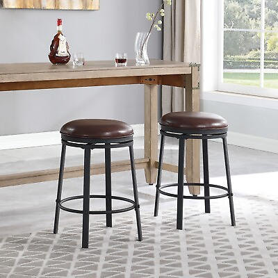 #ad OUllUO 25quot; Swivel Round Bar Stools Set of 2 Brown PU Leather Counter Height $129.99
