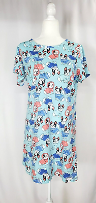 #ad Womens Nightdress Sleepwear Medium Pug Dog Puppy Lover Blue Short Sleeve Comfy $14.07