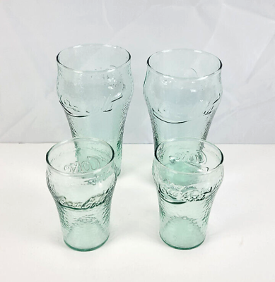 #ad Set of 4 Vintage Coca Cola Drink Glasses Light Green Pebbled Finish 4quot; amp; 6quot; Tall $14.99