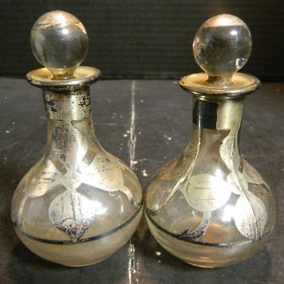 #ad Antique Pair of Sterling Silver Overlay Clear Glass Perfume Bottles 4quot; x 2.25quot; $62.99