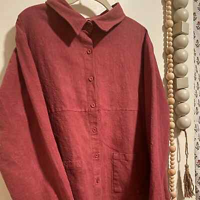 #ad VINTAGE Women#x27;s Button Down Top Faded Red 100% Linen Pockets $28.00
