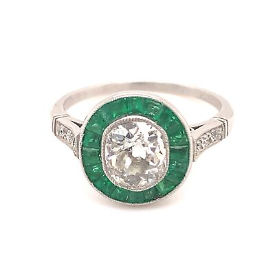 #ad Art Deco 1.12 Oval Old Mine Cut Diamond Emerald Platinum Ring $4900.00