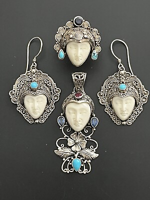 #ad Sajen Sterling Silver Carved Goddess Design Pendant Earrings Ring Set Lot $179.95