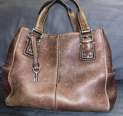 #ad Fossil Brown Leather Handbag Purse Pebbled Brown 3 Compartments 2 Side Pockets $34.97