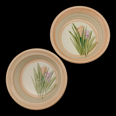 #ad Handmade Signed Pottery Soup Cereal Bowls 2 7quot; Pink Beige Flowers Farmhouse $32.25
