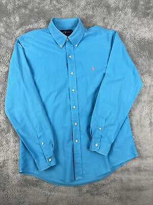 #ad Ralph Lauren Long Sleeve Button Shirt Men#x27;s L Blue With Pink Pony $12.95