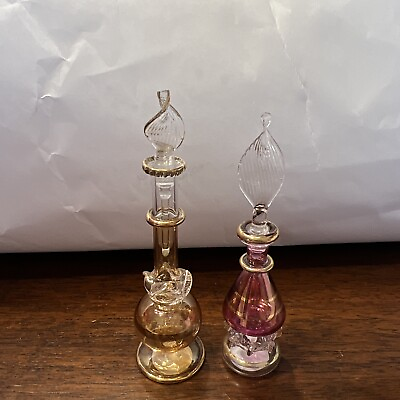 #ad 2 Vintage Egyptian Hand Blown Glass Perfume Bottles With Gold Trim $28.95