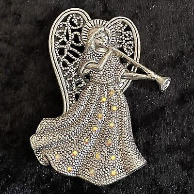 #ad Vintage Angel Playing Trumpet Brooch Large Silver Toned with AB Rhinestones $14.95
