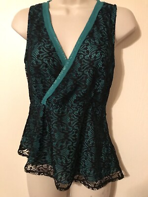 #ad Esley Sleeveless Tank Top Green and Black Lace Women’s Small Side Zip Blouse Tag $14.00