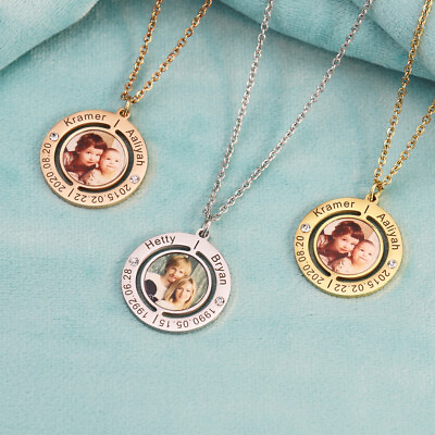 Personalized Photo Necklace Engraving Name Date Custom Birthstone Charms Chain $14.19