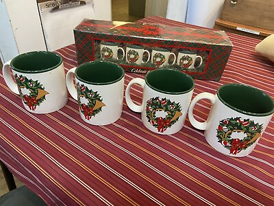 #ad Set of 4 Vintage Christmas Coffee Cups Mugs Korea 9oz $20.00