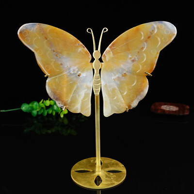 #ad 5.7quot; Natural Crystal Yellow Chalcedony Butterfly Wings Statue with Copper Holder $81.81