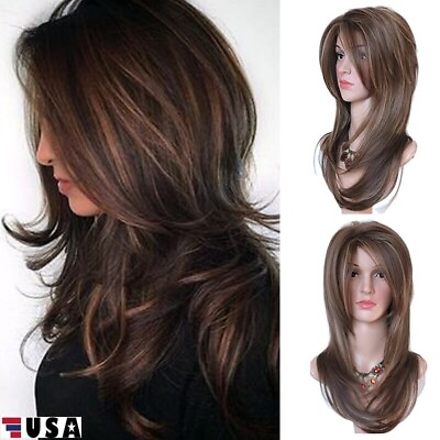 #ad Dark Brown w Gold Highlight Ombre Shoulder Length Wig Women Synthetic Curly Hair $12.82