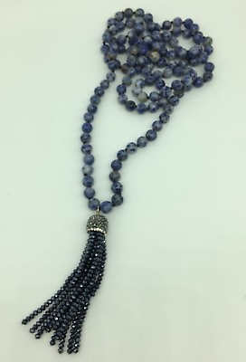 #ad 8mm Long Knotted Blue sodalite Beads Crystal Tassel Necklace woman Handmade gift $20.95