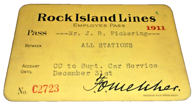#ad 1911 CRIamp;P ROCK ISLAND EMPLOYEE PASS #2723 $50.00