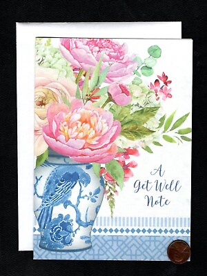GET WELL Roses Flowers Leaves Asian Blue amp; White Vase Greeting Card W TRACKING $2.99