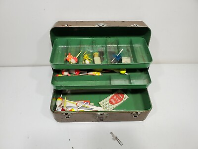 #ad Vintage Tackle Box FULL Union Chest Watertite Metal Storage Case Fishing LOT $49.95