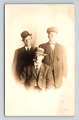 #ad RPPC Portrait of Three Men Different Hats Suits Cigar Postcard $7.51