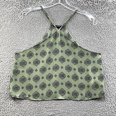 #ad Forever 21 Top Womens Olive Green Cropped Boho Pattern Halter Top Ladies M $6.20