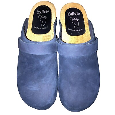 #ad Vollsjo Womens Size 7 37 Genuine Leather Wooden Clogs Made in EU Suede Navy $32.99