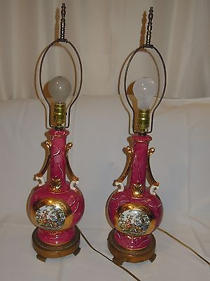 #ad 2 ABCO Rococo Porcelain Table Lamp Faux Pink Marble Mid Century Lovers Gold $127.49