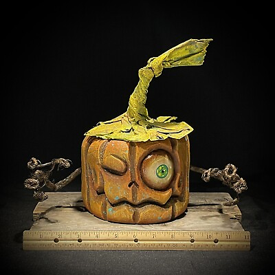 #ad Wood Carving Folk Art Whimsical Pumpkin Halloween Decor $145.00