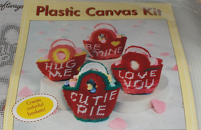 quot;Valentine Basketsquot; Plastic Canvas Kit NIP Be Mine Love You Hug Me Cutie Pie $12.00