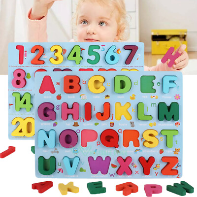 #ad New Baby Kids Learning Toys Wooden Alphabet Number Puzzle ABC Letters Board $8.09