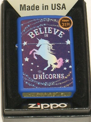 #ad New ZIPPO USA Windproof Flame oil Lighter 854788 Believe in Unicorns Blue Case $33.00