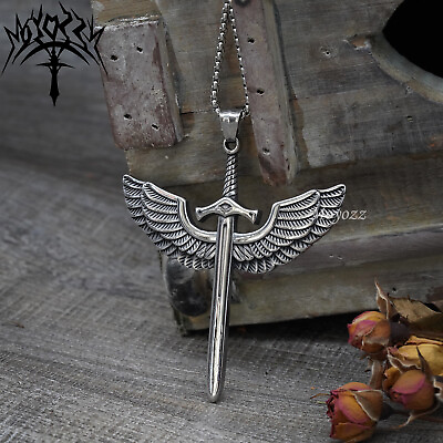 Mens Archangel Michael Angel Wing Sword Necklace Pendant Stainless Steel Gift $9.99