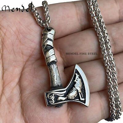 MENDEL Mens Norse Viking Wolf Raven Axe Pendant Necklace Jewelry Stainless Steel $11.99