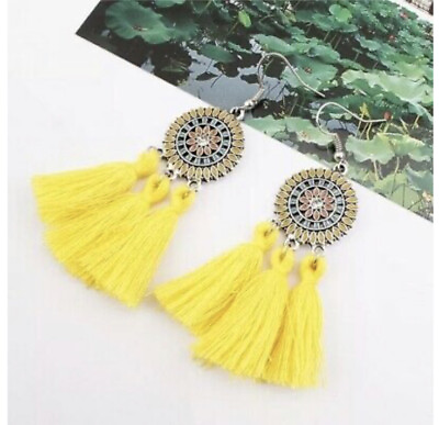 #ad Women#x27;s Bohemian Long Tassel Fringe Earrings Yellow Dangle Drop Boho Ethnic NEW $8.59