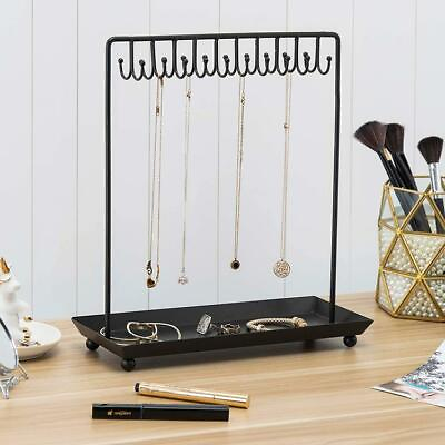 #ad Black Metal Jewelry Necklace Display Stand with 20 Hooks Ring amp; Bracelet Tray $45.99