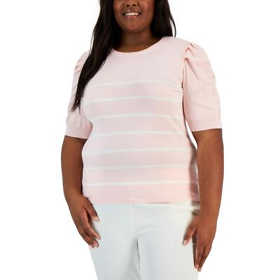 #ad Anne Klein Womens Striped Puff Sleeves Boatneck Pullover Top Plus BHFO 3067 $16.99
